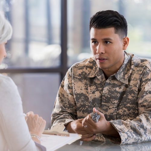 Soldier with Counselor; Veteran in Crisis